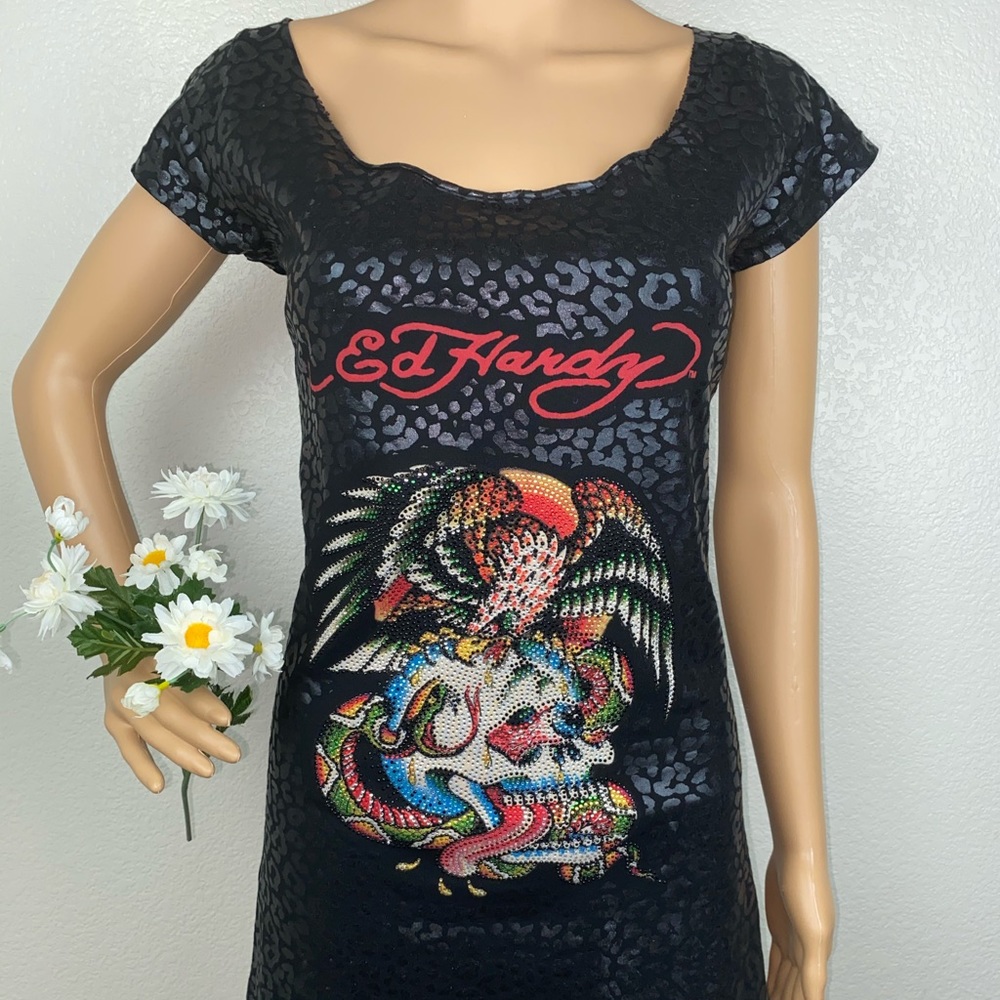 Ed Hardy Metallic Lamé Leopard Cheetah Mini Dress - Picture 2 of 9